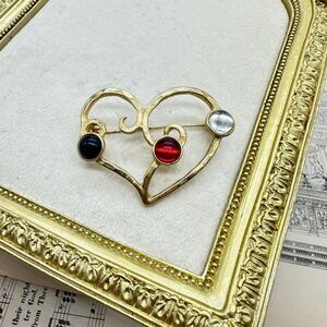 Vintage Gold Tone Heart Brooch with  Black Red White Gems Heart Pin